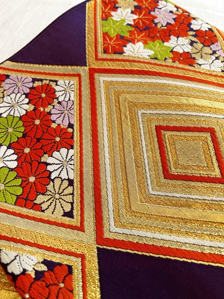 Vintage Japanese Silk Fukuro Obi – Gold Brocade Geometric & Floral Pattern | Traditional Kimono Sash