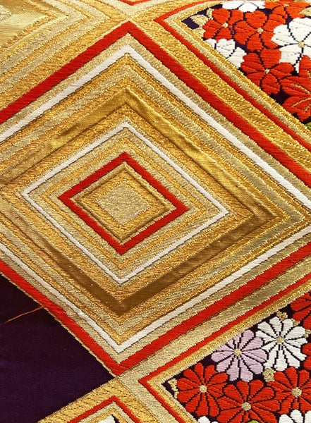 Vintage Japanese Silk Fukuro Obi – Gold Brocade Geometric & Floral Pattern | Traditional Kimono Sash