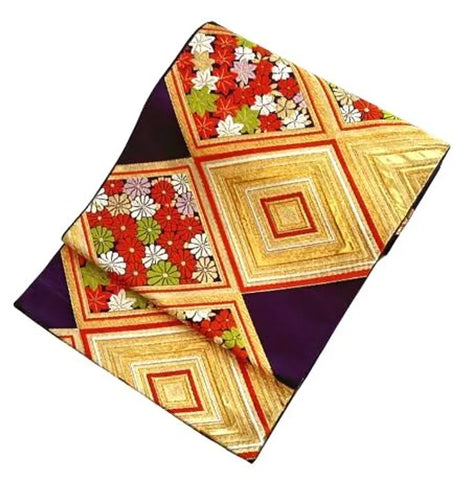 Vintage Japanese Silk Fukuro Obi – Gold Brocade Geometric & Floral Pattern | Traditional Kimono Sash