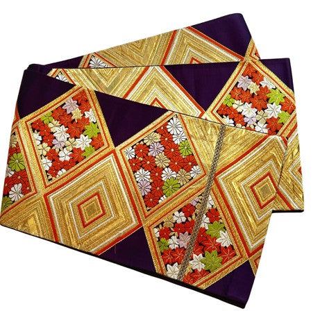 Vintage Japanese Silk Fukuro Obi – Gold Brocade Geometric & Floral Pattern | Traditional Kimono Sash