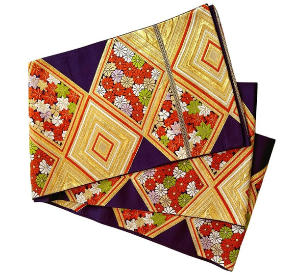 Vintage Japanese Silk Fukuro Obi – Gold Brocade Geometric & Floral Pattern | Traditional Kimono Sash