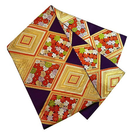 Vintage Japanese Silk Fukuro Obi – Gold Brocade Geometric & Floral Pattern | Traditional Kimono Sash