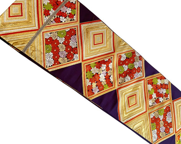Vintage Japanese Silk Fukuro Obi – Gold Brocade Geometric & Floral Pattern | Traditional Kimono Sash