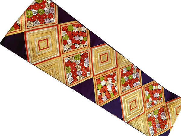 Vintage Japanese Silk Fukuro Obi – Gold Brocade Geometric & Floral Pattern | Traditional Kimono Sash