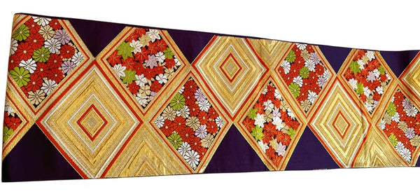 Vintage Japanese Silk Fukuro Obi – Gold Brocade Geometric & Floral Pattern | Traditional Kimono Sash