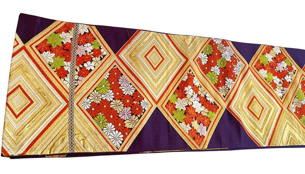 Vintage Japanese Silk Fukuro Obi – Gold Brocade Geometric & Floral Pattern | Traditional Kimono Sash