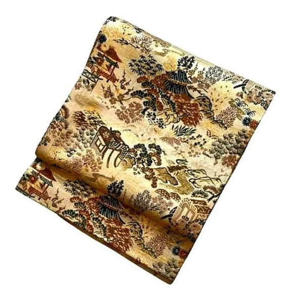 Vintage Silk Fukuro Obi – Japanese Kimono Belt | Traditional Gold Brocade Textile