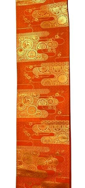 Vintage Orange and Gold Silk Fukuro Obi – Japanese Kimono Belt with Woven Floral & Traditional Motifs