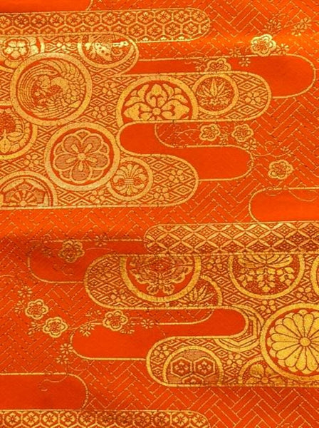 Vintage Orange and Gold Silk Fukuro Obi – Japanese Kimono Belt with Woven Floral & Traditional Motifs