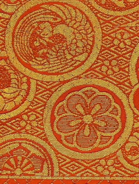 Vintage Orange and Gold Silk Fukuro Obi – Japanese Kimono Belt with Woven Floral & Traditional Motifs