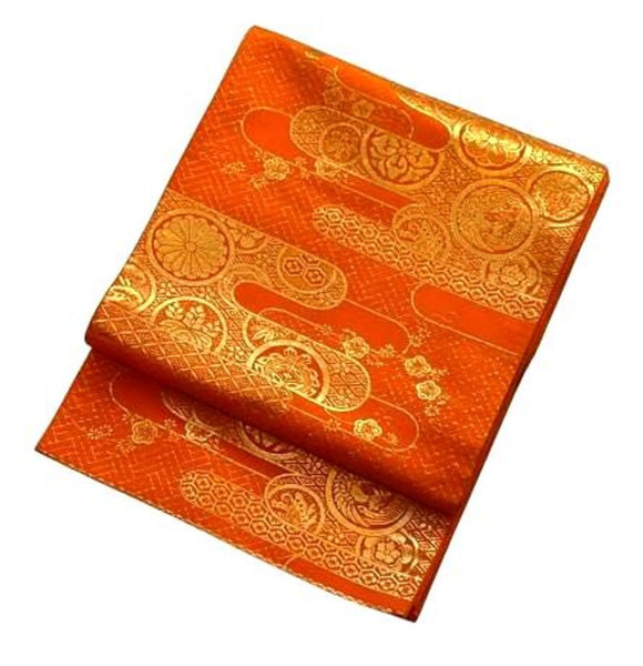 Vintage Orange and Gold Silk Fukuro Obi – Japanese Kimono Belt with Woven Floral & Traditional Motifs