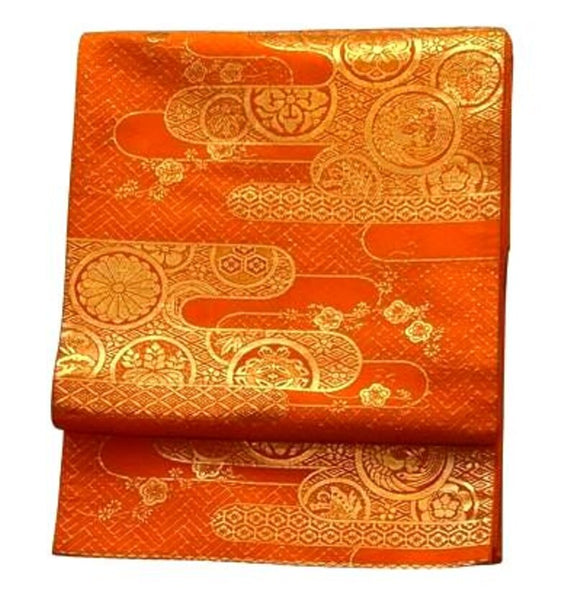 Vintage Orange and Gold Silk Fukuro Obi – Japanese Kimono Belt with Woven Floral & Traditional Motifs