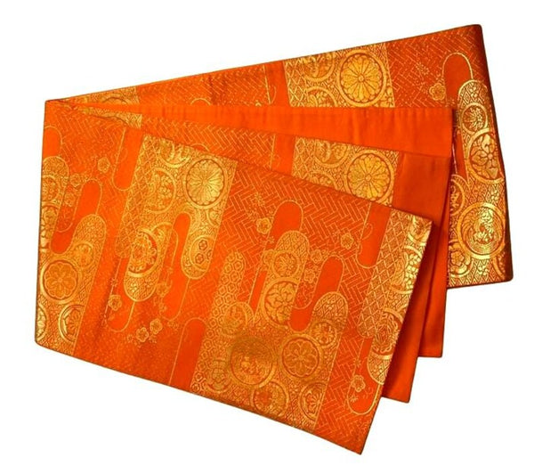 Vintage Orange and Gold Silk Fukuro Obi – Japanese Kimono Belt with Woven Floral & Traditional Motifs