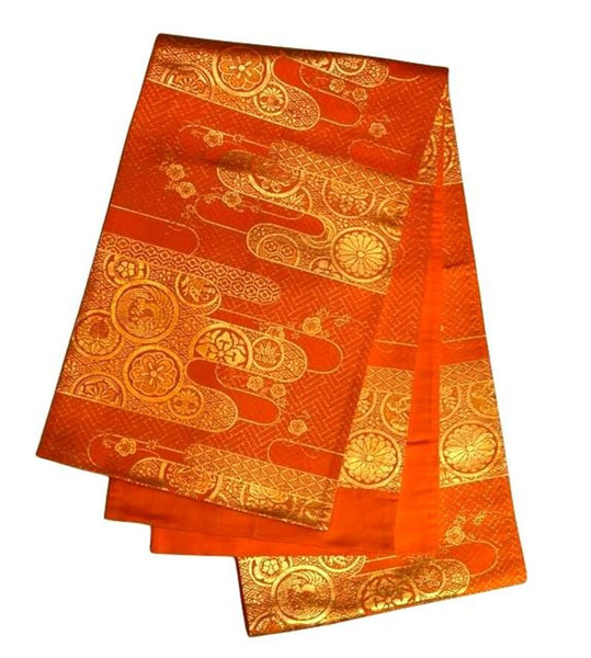 Vintage Orange and Gold Silk Fukuro Obi – Japanese Kimono Belt with Woven Floral & Traditional Motifs