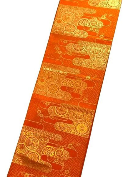 Vintage Orange and Gold Silk Fukuro Obi – Japanese Kimono Belt with Woven Floral & Traditional Motifs