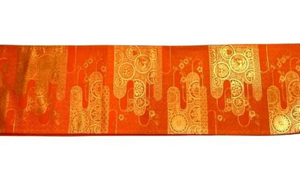 Vintage Orange and Gold Silk Fukuro Obi – Japanese Kimono Belt with Woven Floral & Traditional Motifs