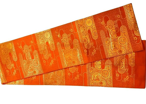 Vintage Orange and Gold Silk Fukuro Obi – Japanese Kimono Belt with Woven Floral & Traditional Motifs