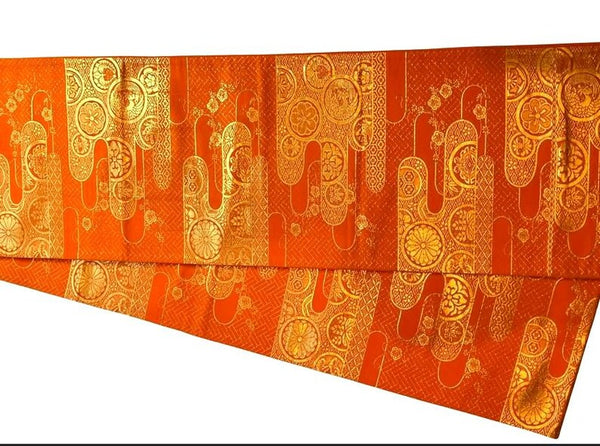 Vintage Orange and Gold Silk Fukuro Obi – Japanese Kimono Belt with Woven Floral & Traditional Motifs