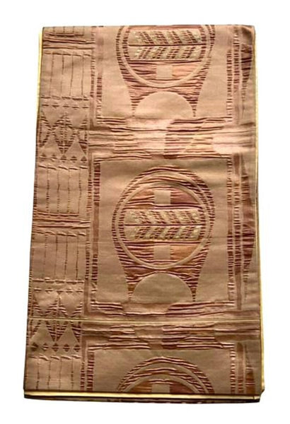 Vintage Japanese Silk Fukuro Obi – Woven Geometric Pattern, Soft Brown & Gold – Kimono Belt