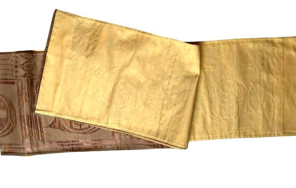 Vintage Japanese Silk Fukuro Obi – Woven Geometric Pattern, Soft Brown & Gold – Kimono Belt