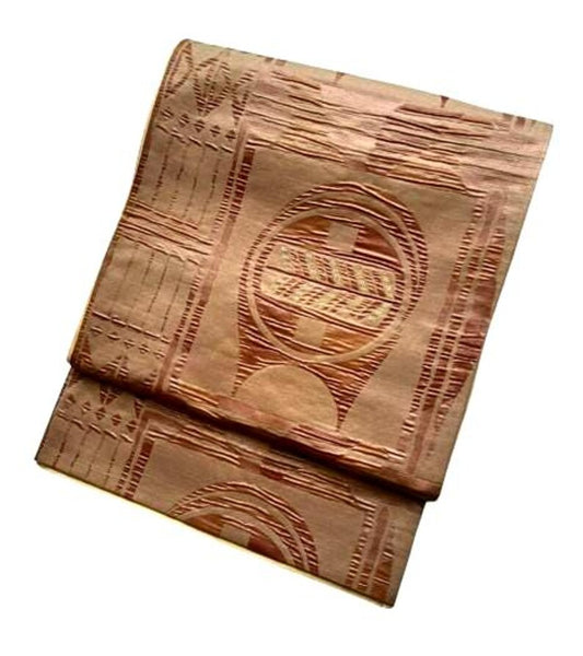 Vintage Japanese Silk Fukuro Obi – Woven Geometric Pattern, Soft Brown & Gold – Kimono Belt
