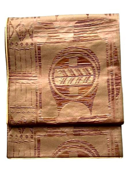 Vintage Japanese Silk Fukuro Obi – Woven Geometric Pattern, Soft Brown & Gold – Kimono Belt