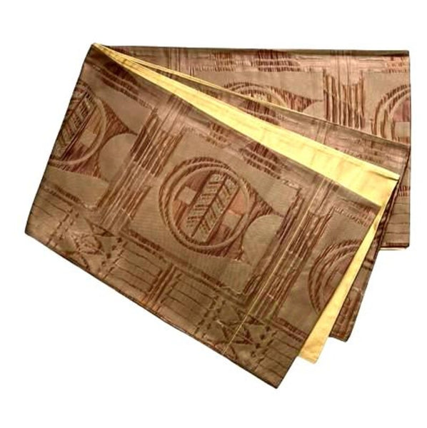 Vintage Japanese Silk Fukuro Obi – Woven Geometric Pattern, Soft Brown & Gold – Kimono Belt
