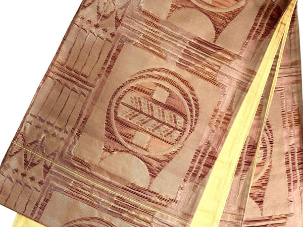 Vintage Japanese Silk Fukuro Obi – Woven Geometric Pattern, Soft Brown & Gold – Kimono Belt