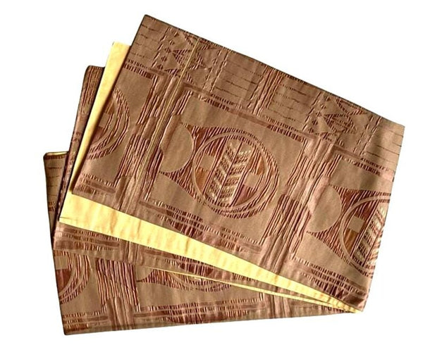 Vintage Japanese Silk Fukuro Obi – Woven Geometric Pattern, Soft Brown & Gold – Kimono Belt