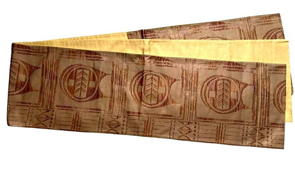 Vintage Japanese Silk Fukuro Obi – Woven Geometric Pattern, Soft Brown & Gold – Kimono Belt