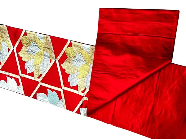 Vintage Japanese Fukuro Obi – Deep Red Silk with Gold & Silver Floral Geometric Pattern | Elegant Kimono Belt