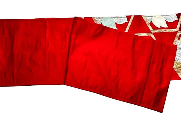 Vintage Japanese Fukuro Obi – Deep Red Silk with Gold & Silver Floral Geometric Pattern | Elegant Kimono Belt