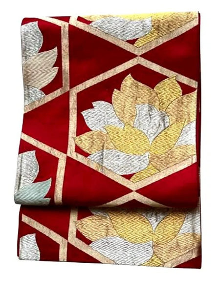 Vintage Japanese Fukuro Obi – Deep Red Silk with Gold & Silver Floral Geometric Pattern | Elegant Kimono Belt