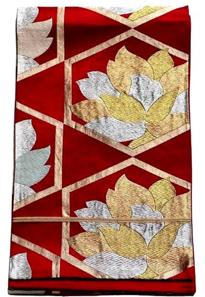 Vintage Japanese Fukuro Obi – Deep Red Silk with Gold & Silver Floral Geometric Pattern | Elegant Kimono Belt