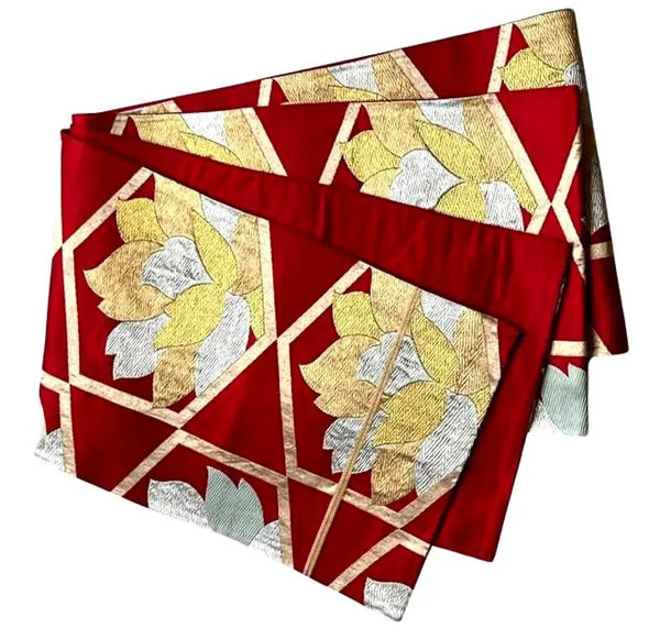 Vintage Japanese Fukuro Obi – Deep Red Silk with Gold & Silver Floral Geometric Pattern | Elegant Kimono Belt