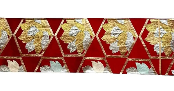 Vintage Japanese Fukuro Obi – Deep Red Silk with Gold & Silver Floral Geometric Pattern | Elegant Kimono Belt