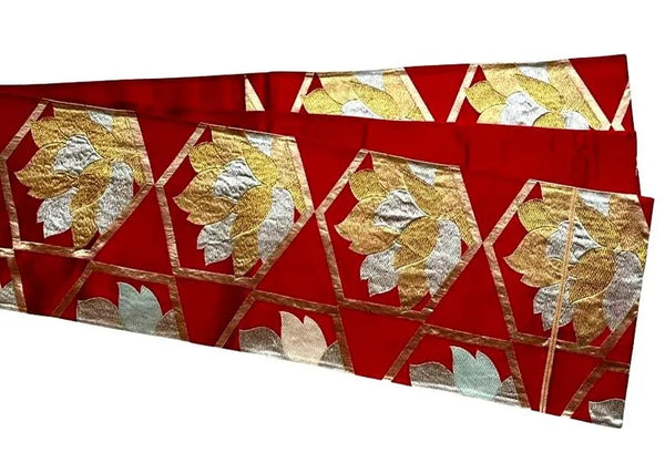 Vintage Japanese Fukuro Obi – Deep Red Silk with Gold & Silver Floral Geometric Pattern | Elegant Kimono Belt