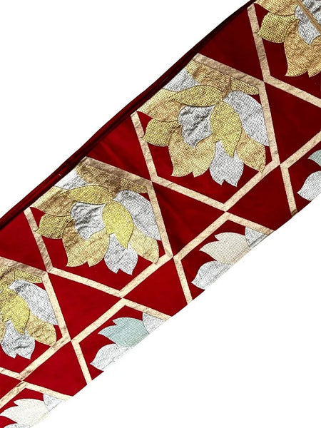 Vintage Japanese Fukuro Obi – Deep Red Silk with Gold & Silver Floral Geometric Pattern | Elegant Kimono Belt