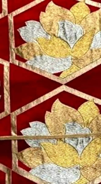 Vintage Japanese Fukuro Obi – Deep Red Silk with Gold & Silver Floral Geometric Pattern | Elegant Kimono Belt