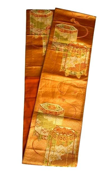 Vintage Japanese Fukuro Obi – Golden Orange Silk Brocade with Jubako and Temari Motif | Furisode & Formal Kimono
