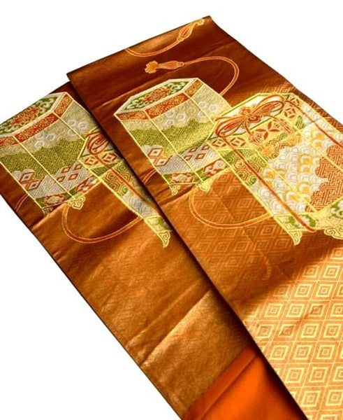 Vintage Japanese Fukuro Obi – Golden Orange Silk Brocade with Jubako and Temari Motif | Furisode & Formal Kimono