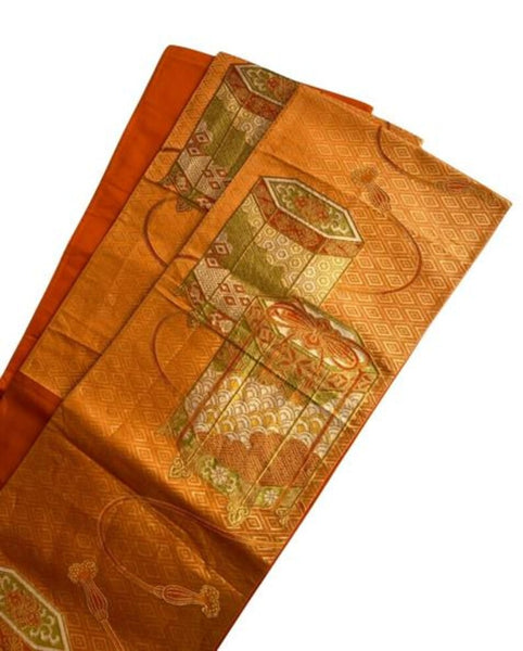 Vintage Japanese Fukuro Obi – Golden Orange Silk Brocade with Jubako and Temari Motif | Furisode & Formal Kimono