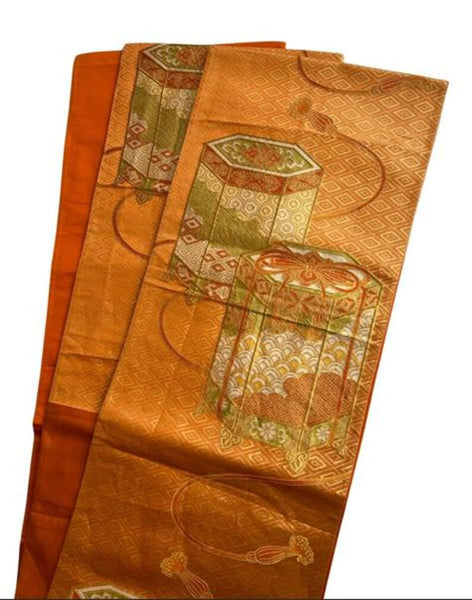 Vintage Japanese Fukuro Obi – Golden Orange Silk Brocade with Jubako and Temari Motif | Furisode & Formal Kimono