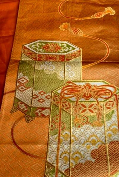 Vintage Japanese Fukuro Obi – Golden Orange Silk Brocade with Jubako and Temari Motif | Furisode & Formal Kimono