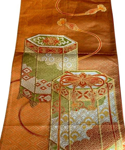 Vintage Japanese Fukuro Obi – Golden Orange Silk Brocade with Jubako and Temari Motif | Furisode & Formal Kimono