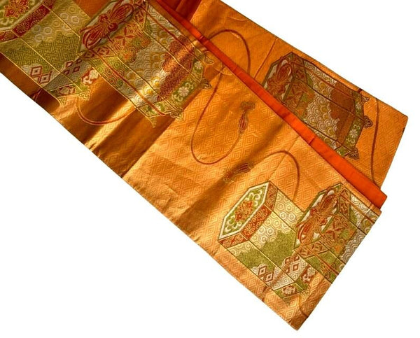 Vintage Japanese Fukuro Obi – Golden Orange Silk Brocade with Jubako and Temari Motif | Furisode & Formal Kimono