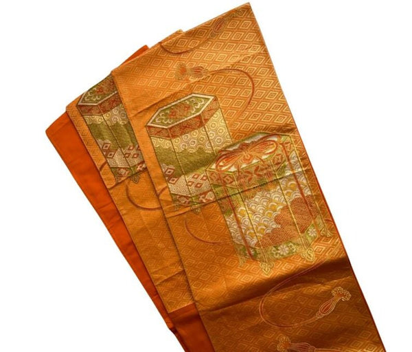 Vintage Japanese Fukuro Obi – Golden Orange Silk Brocade with Jubako and Temari Motif | Furisode & Formal Kimono