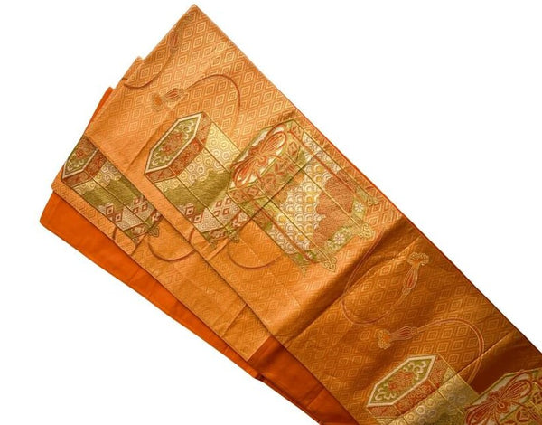 Vintage Japanese Fukuro Obi – Golden Orange Silk Brocade with Jubako and Temari Motif | Furisode & Formal Kimono