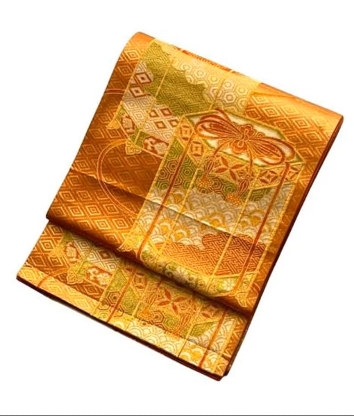Vintage Japanese Fukuro Obi – Golden Orange Silk Brocade with Jubako and Temari Motif | Furisode & Formal Kimono