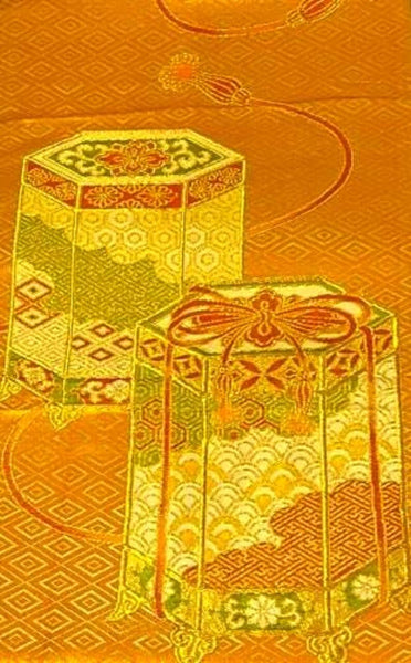 Vintage Japanese Fukuro Obi – Golden Orange Silk Brocade with Jubako and Temari Motif | Furisode & Formal Kimono
